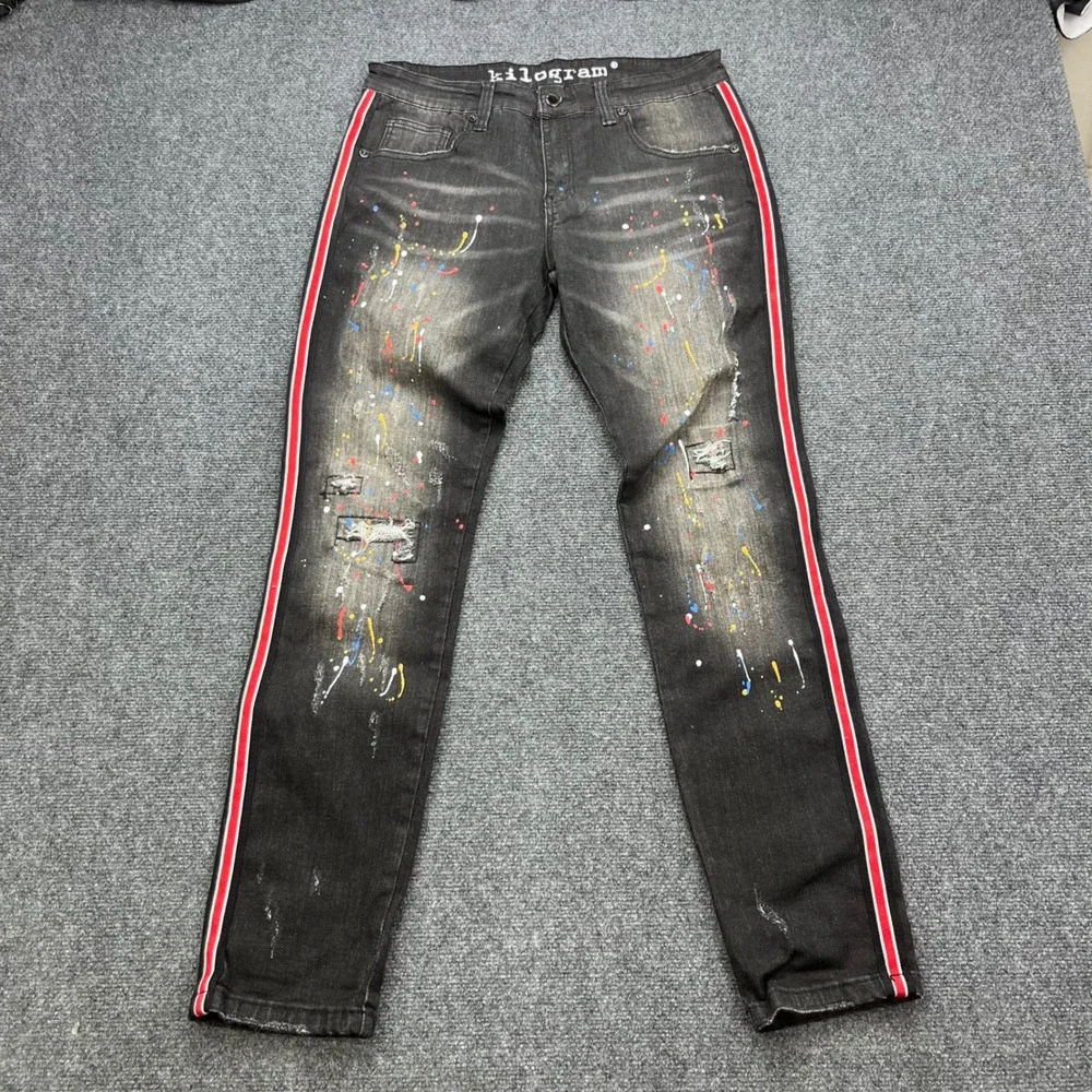 Kilogram‎ Streetwear Paint Splatter Distressed Faded Black Slim Fit Denim Pants